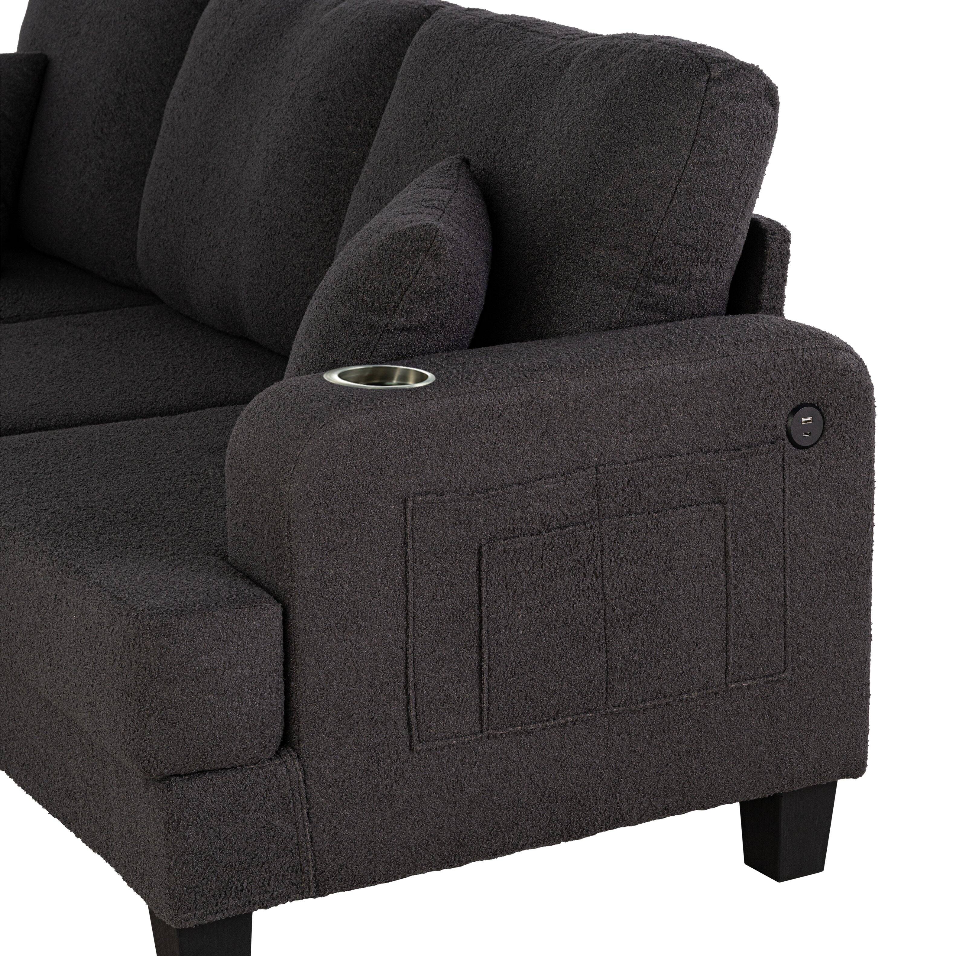 Alt View 2. Parrot Uncle - 3-Seater Fabric Upholstered Reclining Sofa with Built-In USB Charging Port and Dual Cup Holders - Charcoal black.