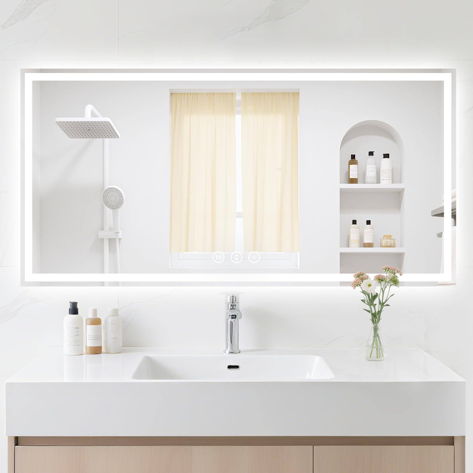 Front. Hanke - Led Bathroom Mirror With Lights Anti-fog Backlit Front Lit Lighted Vanity For Wall Memory Function Glass - 24"L x 48"W.