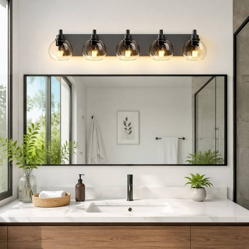 Left. RYHNUYNE - Modern 5-Light Black Vanity Light with Clear Globe Shades for Bathroom Mirror, Wall Sconce Fixture, Dimmable E26 Sockets.