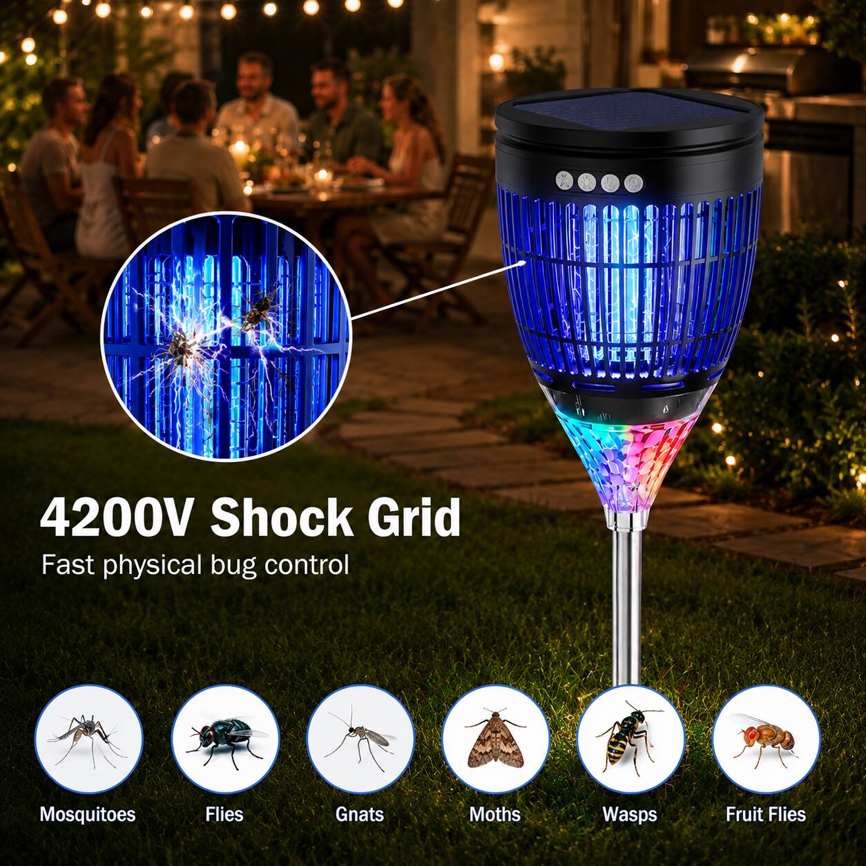 4200V Shock Grid  
Fast physical bug control  
Mosquitoes  
Flies  
Gnats  
Moths  
Wasps  
Fruit Flies