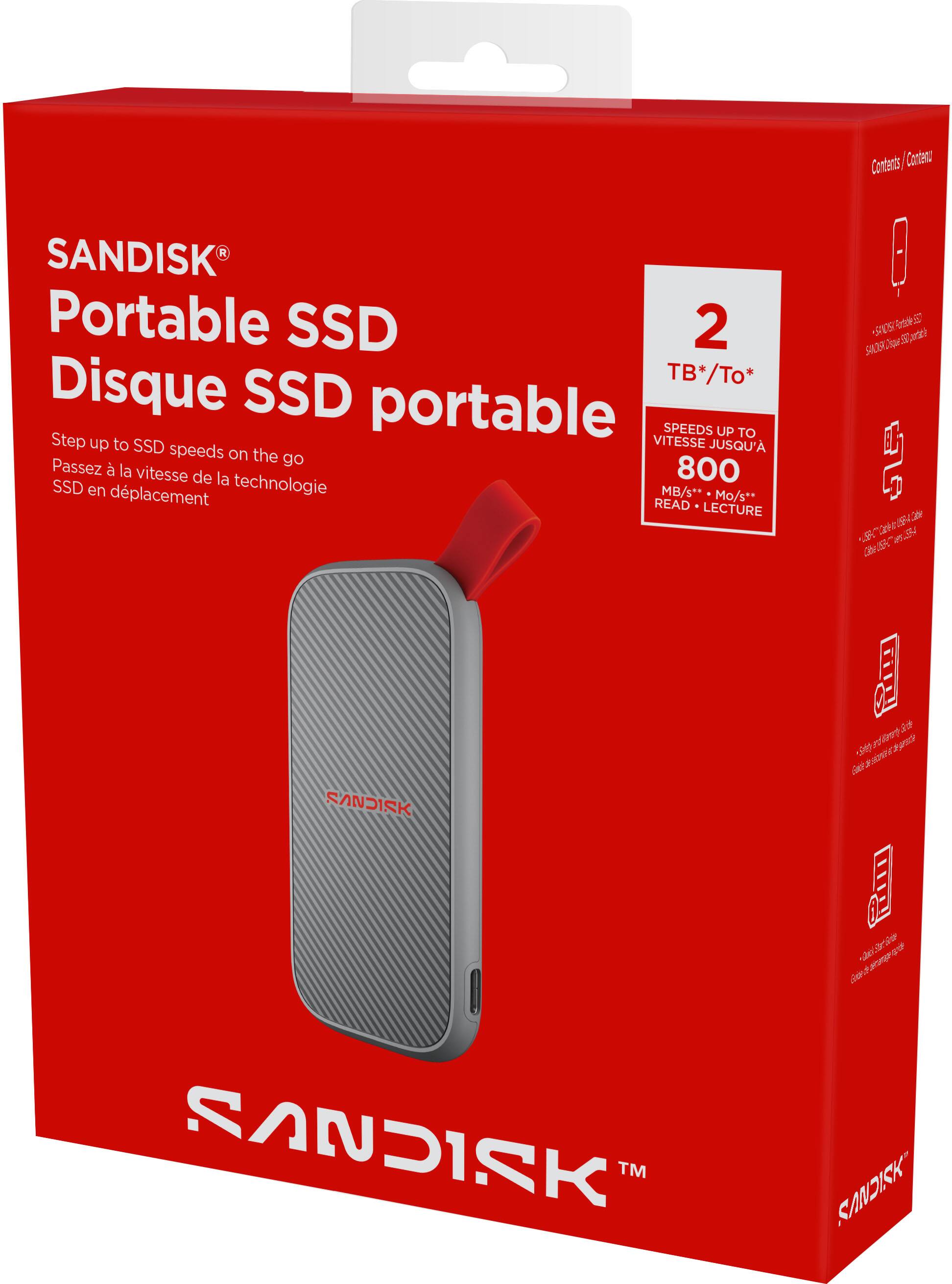 Here is the corrected and grouped text:

**Product Name:**
- SANDISK Portable SSD

**Capacity:**
- 2 TB

**Features:**
- SPEEDS UP TO 800 MB/s READ

**Description:**
- Step up to SSD speeds on the go
- Passez à la vitesse de la technologie SSD en déplacement

**Additional Information:**
- Contents: Portable SSD, USB cable, Quick Start Guide

**Brand:**
- SANDISK

**Note:**
- The text "SADS" and "SALR" appear to be errors or typos and are not part of the product information.