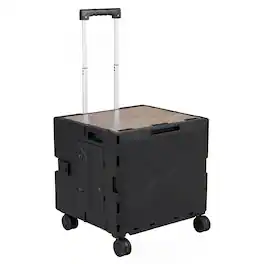 Gymax - Foldable Utility Cart on 4 Rotate Wheels w/Telescoping Handle Lid & Cup Holder - Black