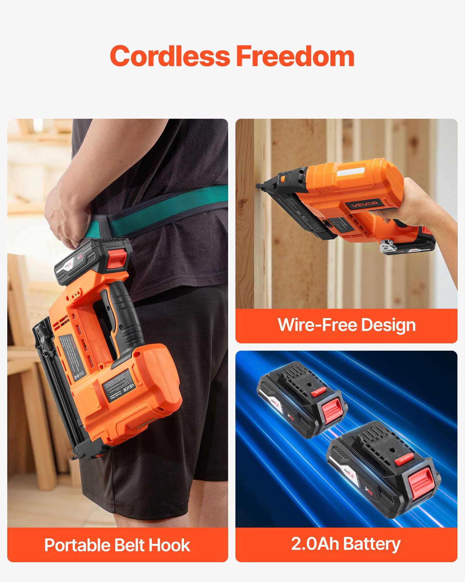 Cordless Freedom  
Wire-Free Design  
Portable Belt Hook  
2.0Ah Battery