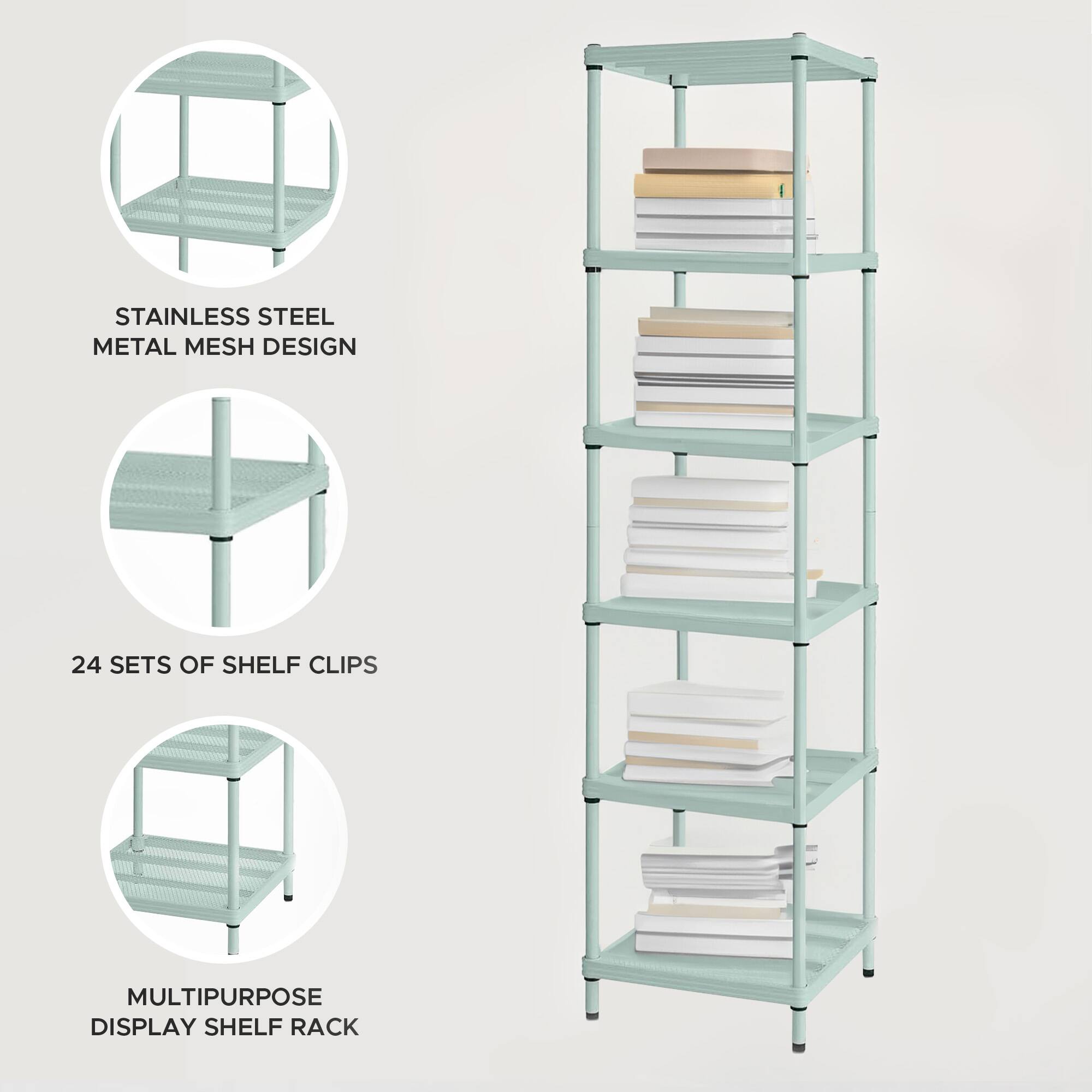 STAINLESS STEEL METAL MESH DESIGN  
24 SETS OF SHELF CLIPS  
MULTIPURPOSE DISPLAY SHELF RACK