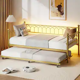 Homhougo - Twin Daybed with Trundle, Day Bed with Charging Station & LED Lights, Metal Sofa Bed Frame with Pull Out Trundle - Gold