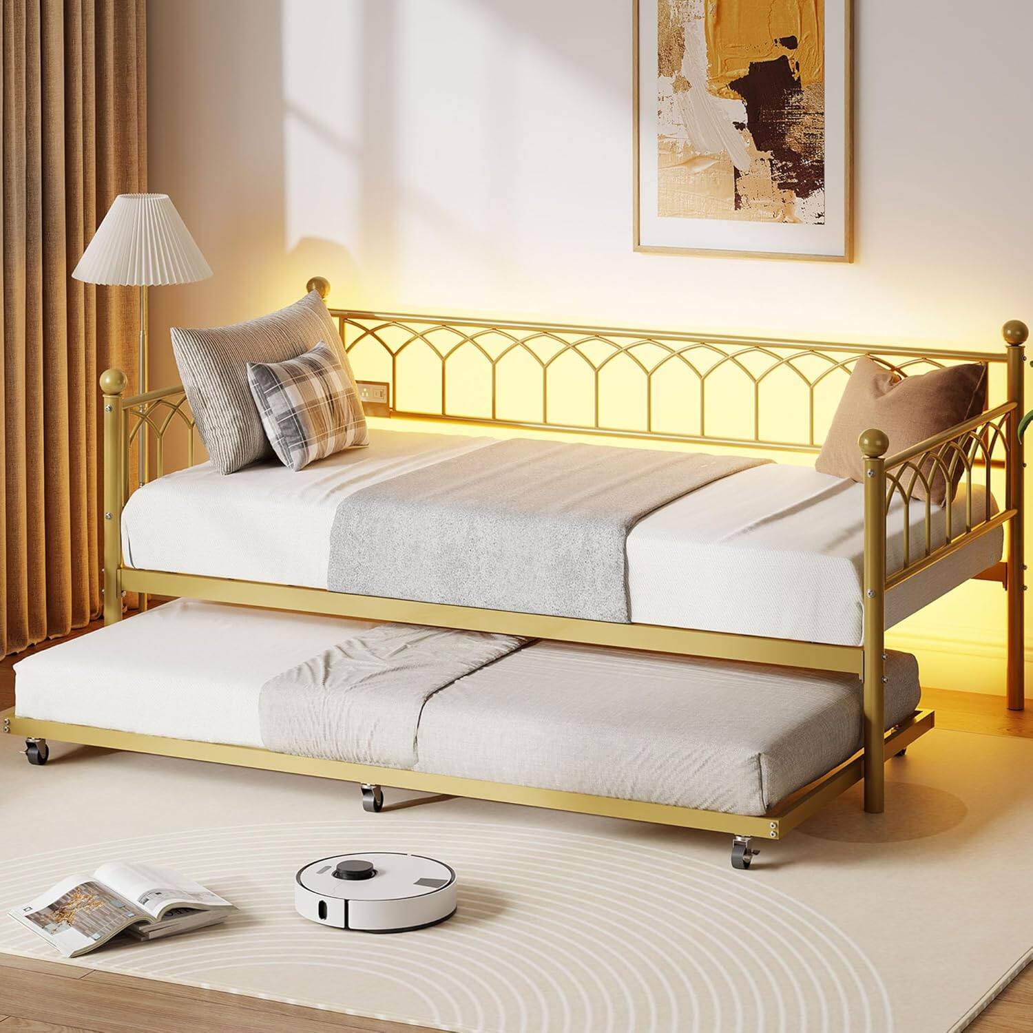 Front. Homhougo - Twin Daybed with Trundle, Day Bed with Charging Station & LED Lights, Metal Sofa Bed Frame with Pull Out Trundle - Gold.