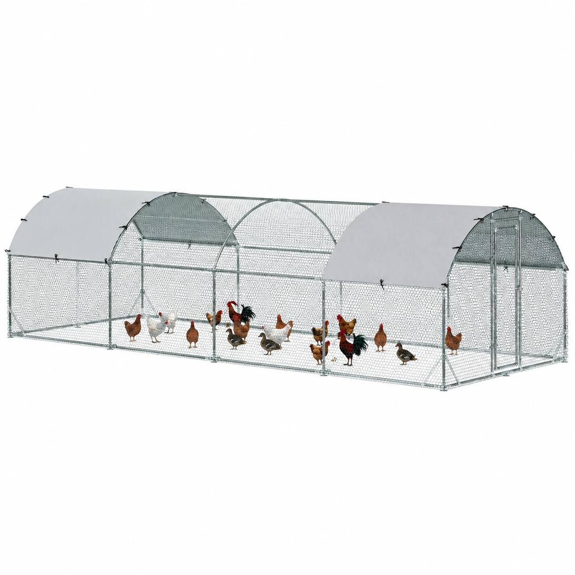 Front. RYHNUYNE - 9.2 ft x 24.9 ft Metal Chicken Coop, Walk-In Design, Galvanized Steel Frame, Oxford Cloth Roof for Yard and Outdoor Use.