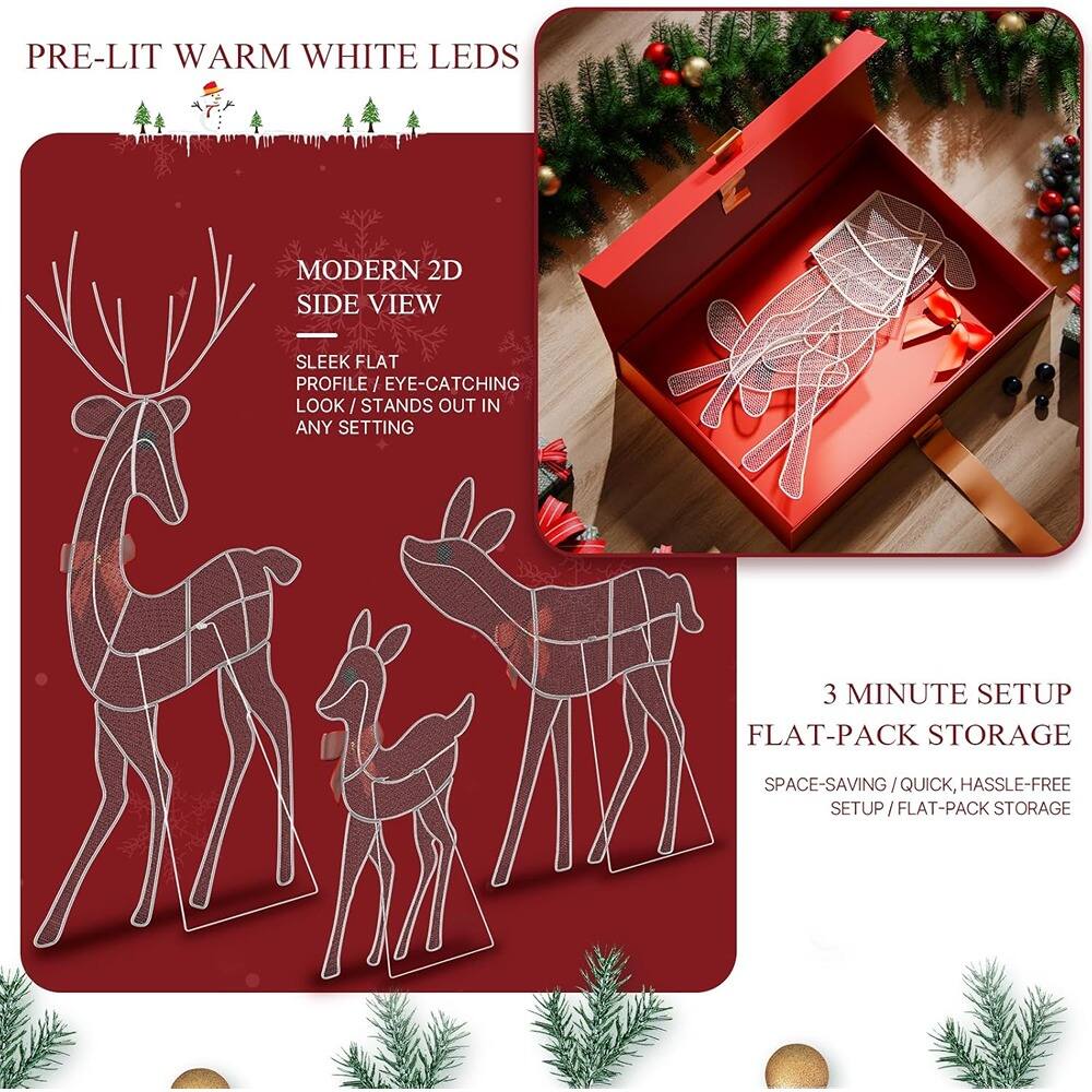 PRE-LIT WARM WHITE LEDS

MODERN 2D SIDE VIEW
SLEEK FLAT PROFILE / EYE-CATCHING LOOK / STANDS OUT IN ANY SETTING

3 MINUTE SETUP
FLAT-PACK STORAGE
SPACE-SAVING / QUICK, HASSLE-FREE SETUP / FLAT-PACK STORAGE