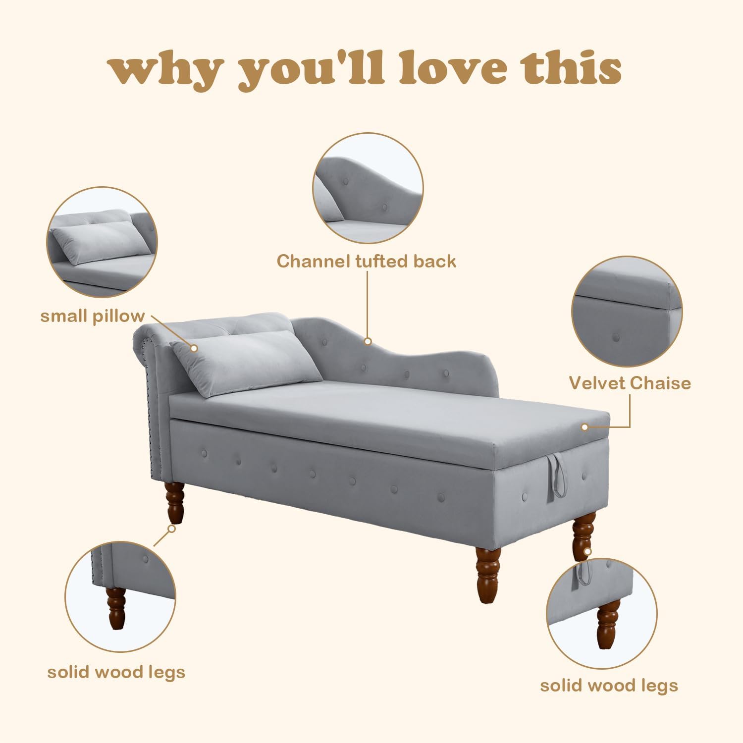 why you'll love this  
- Channel tufted back  
- small pillow  
- Velvet Chaise  
- solid wood legs  
- solid wood legs