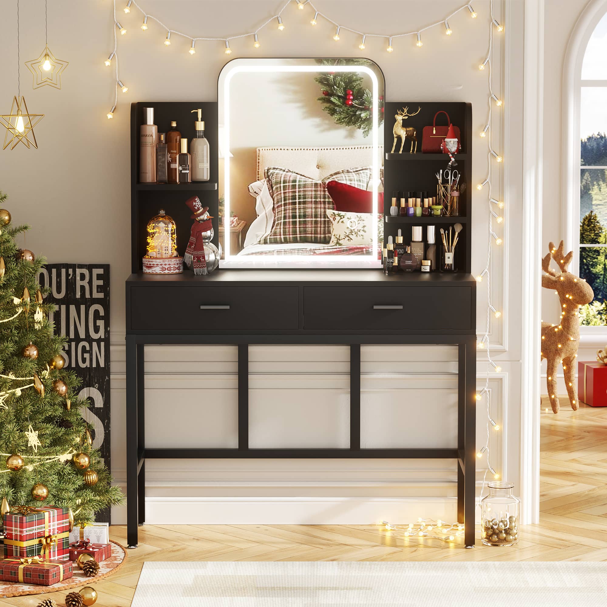 Aheaplus - Vanity Set with Mirror & Lights - 3-Color Lighting, Drawers & Storage Shelf for Bedroom - Black