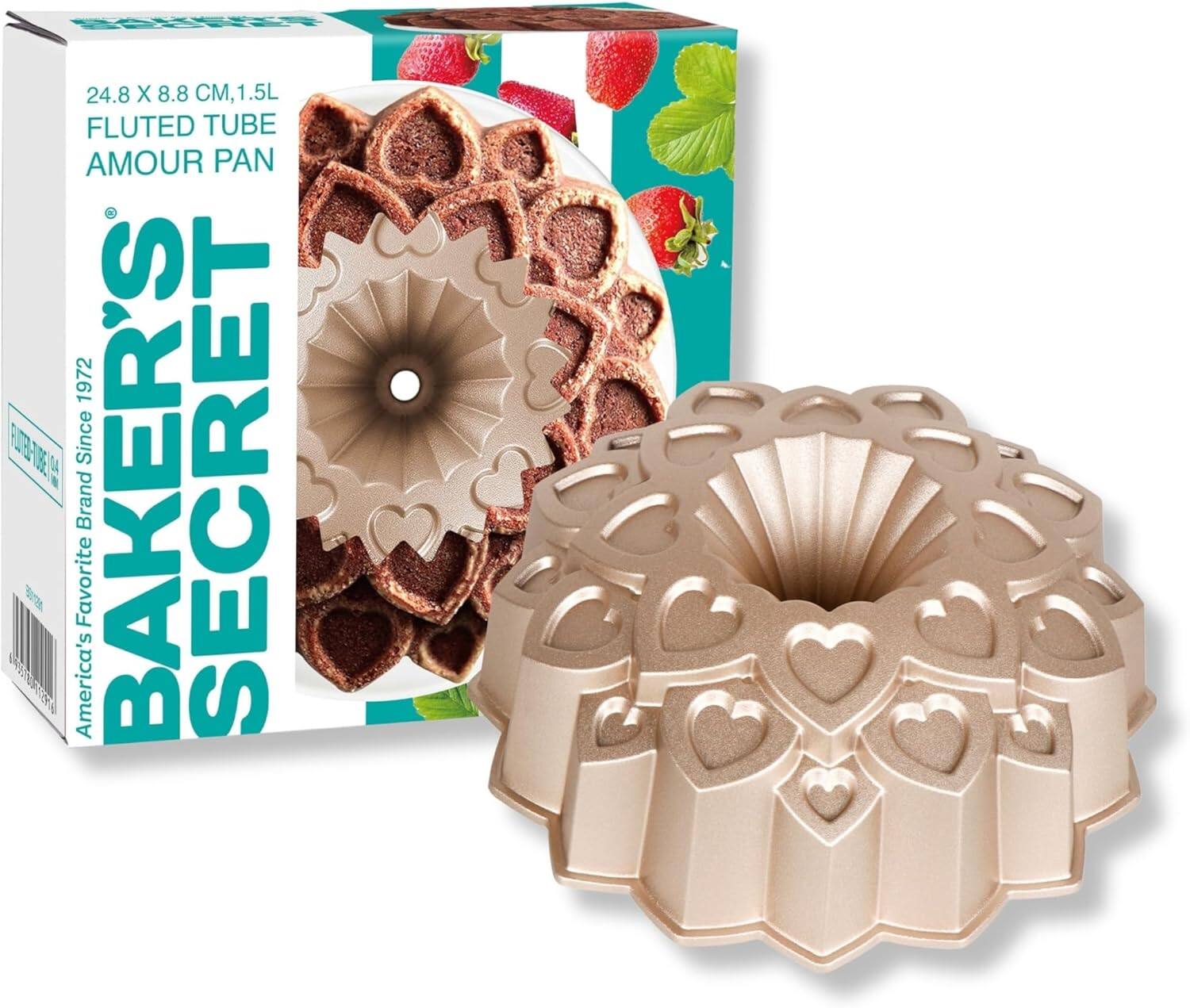 BAKER'S SECRET  
America's Favorite Brand Since 1972  

24.8 X 8.8 CM, 1.5L  
FLUTED TUBE AMOUR PAN  

Favorite America's