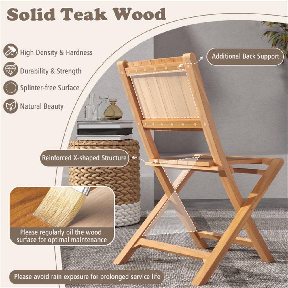 Solid Teak Wood

- High Density & Hardness
- Durability & Strength
- Splinter-free Surface
- Natural Beauty
- Additional Back Support
- Reinforced X-shaped Structure

Please regularly oil the wood surface for optimal maintenance.

Please avoid rain exposure for prolonged service life.