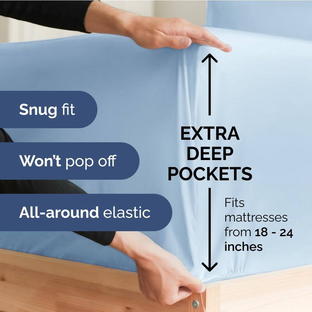 Snug fit  
Won't pop off  
EXTRA DEEP POCKETS  
All-around elastic  
Fits mattresses from 18 - 24 inches
