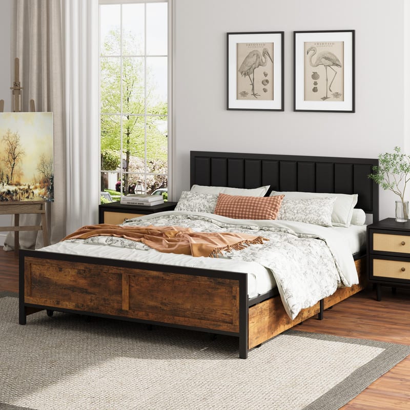 Dyonery - retro-style bed frame, leather soft headboard, equipped with wheeled storage drawers, anti-slip foot pads - wood