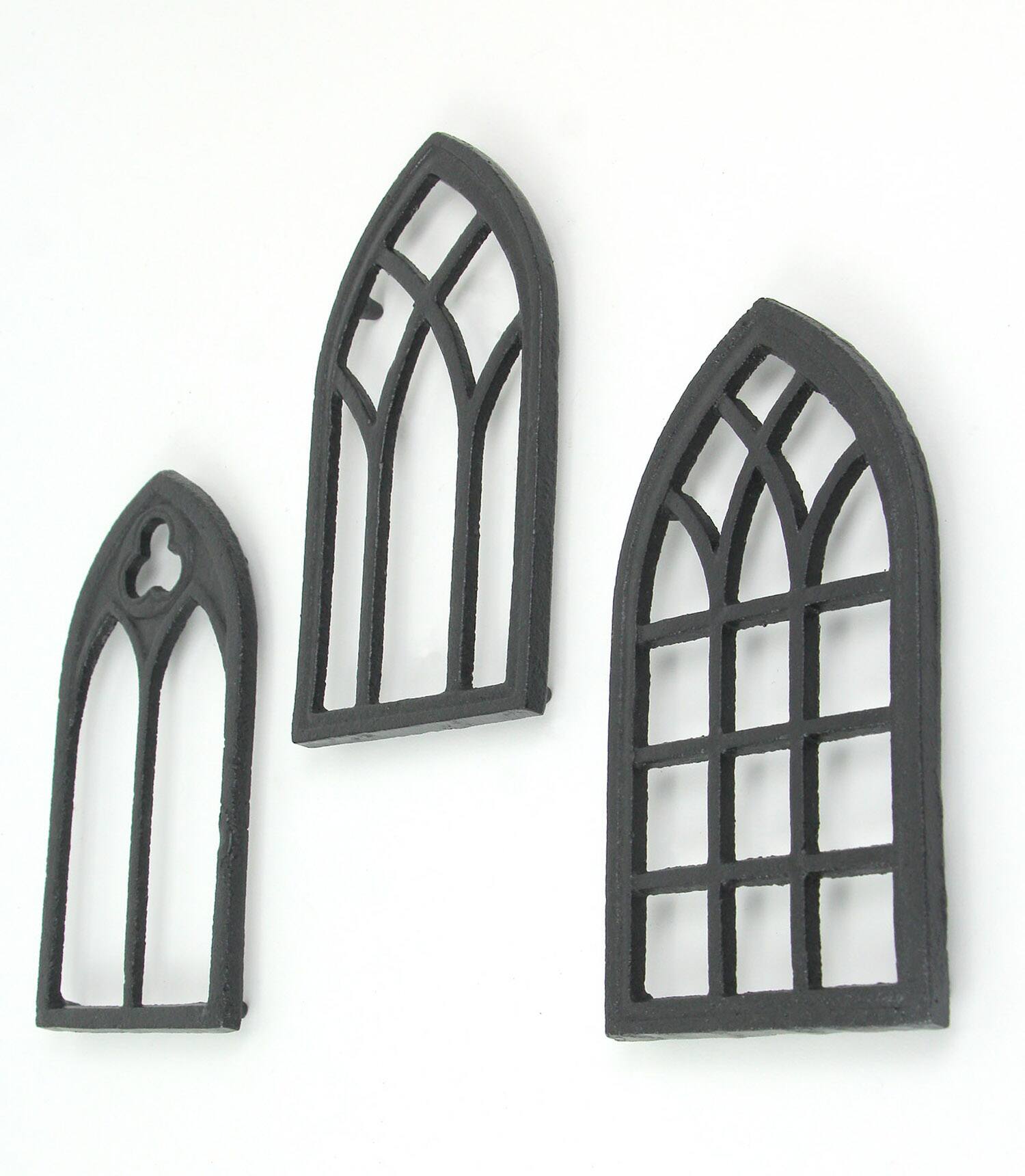 Alt View 1. Zeckos - Set of 3 Black Cast Iron Gothic Cathedral Window Design Kitchen Trivets - Brown.