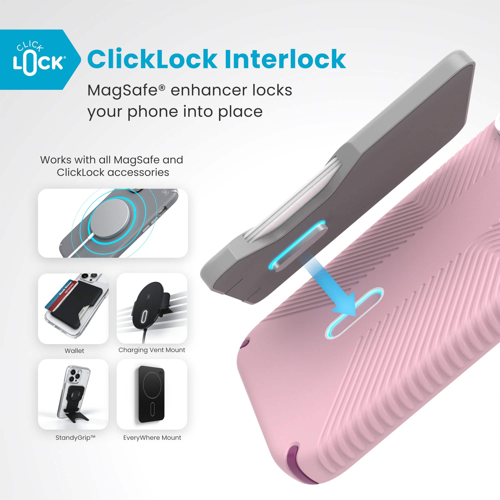 ClickLock Interlock MagSafe enhancer locks your phone into place. It works with all MagSafe and ClickLock accessories, including wallets, charging, vent mounts, and stands. The EveryWhere Mount is also compatible with this product.