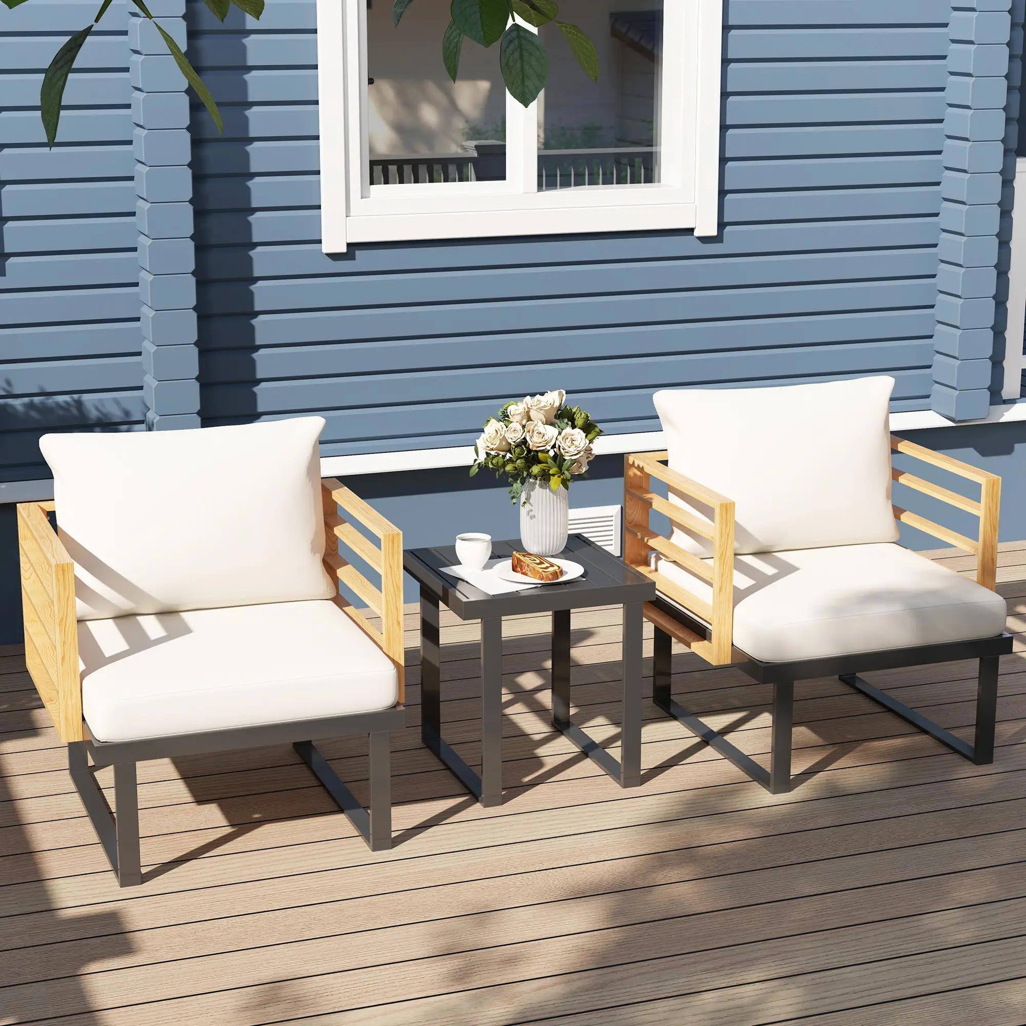 Alt View 5. Spaco - Spaco 3-Piece Metal Patio Set, Small Cushioned Armchairs, Slatted Table - Beige.