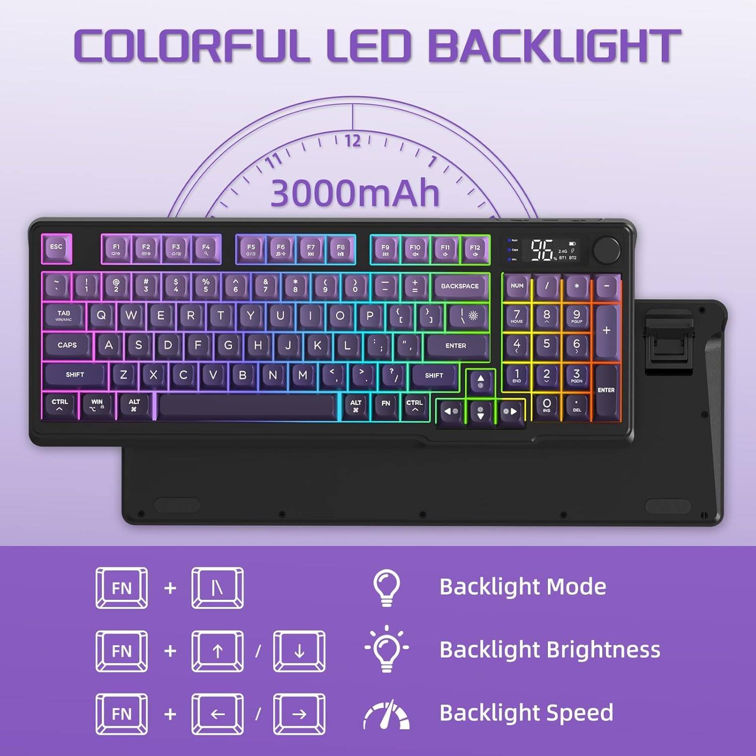COLORFUL LED BACKLIGHT

3000mAh

ESC F1 F2 F3 F4 F5 F6 F7 F8 F9 F10 F11 F12

1 2 3 4 5 6 7 8 9 0 - = Backspace

TAB Q W E R T Y U I O P

CAPS A S D F G H J K L ; '

SHIFT Z X C V B N M , . / Shift

CTRL WIN ALT

Backlight Mode FN + ↑

Backlight Brightness FN + ↑/↓

Backlight Speed FN + ←/→