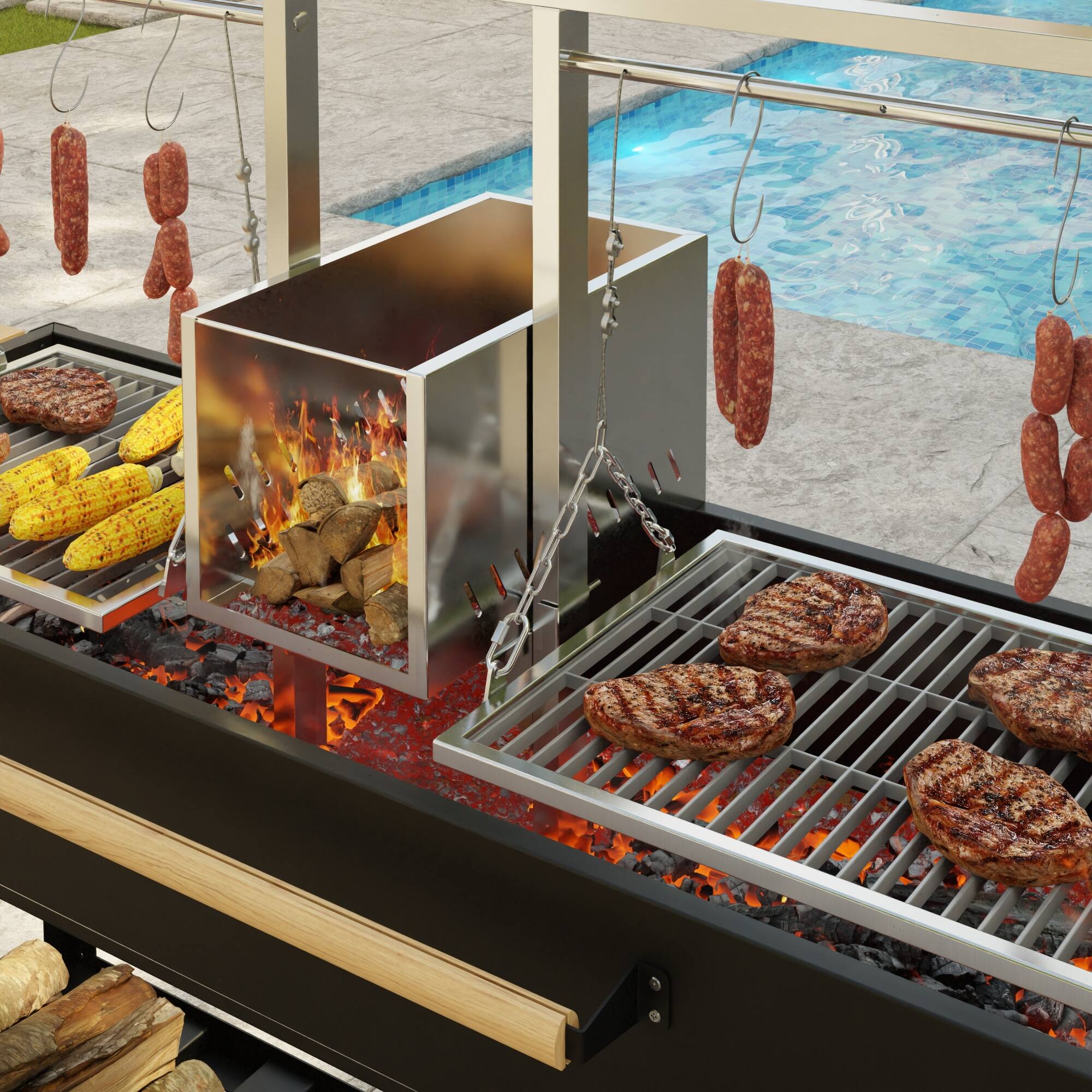 Back. Koolmore - 92 in. Argentine Santa Maria Charcoal and Wood Grill, Adjustable Outdoor BBQ, in Black (KM-OG-AWD-92) - Black.