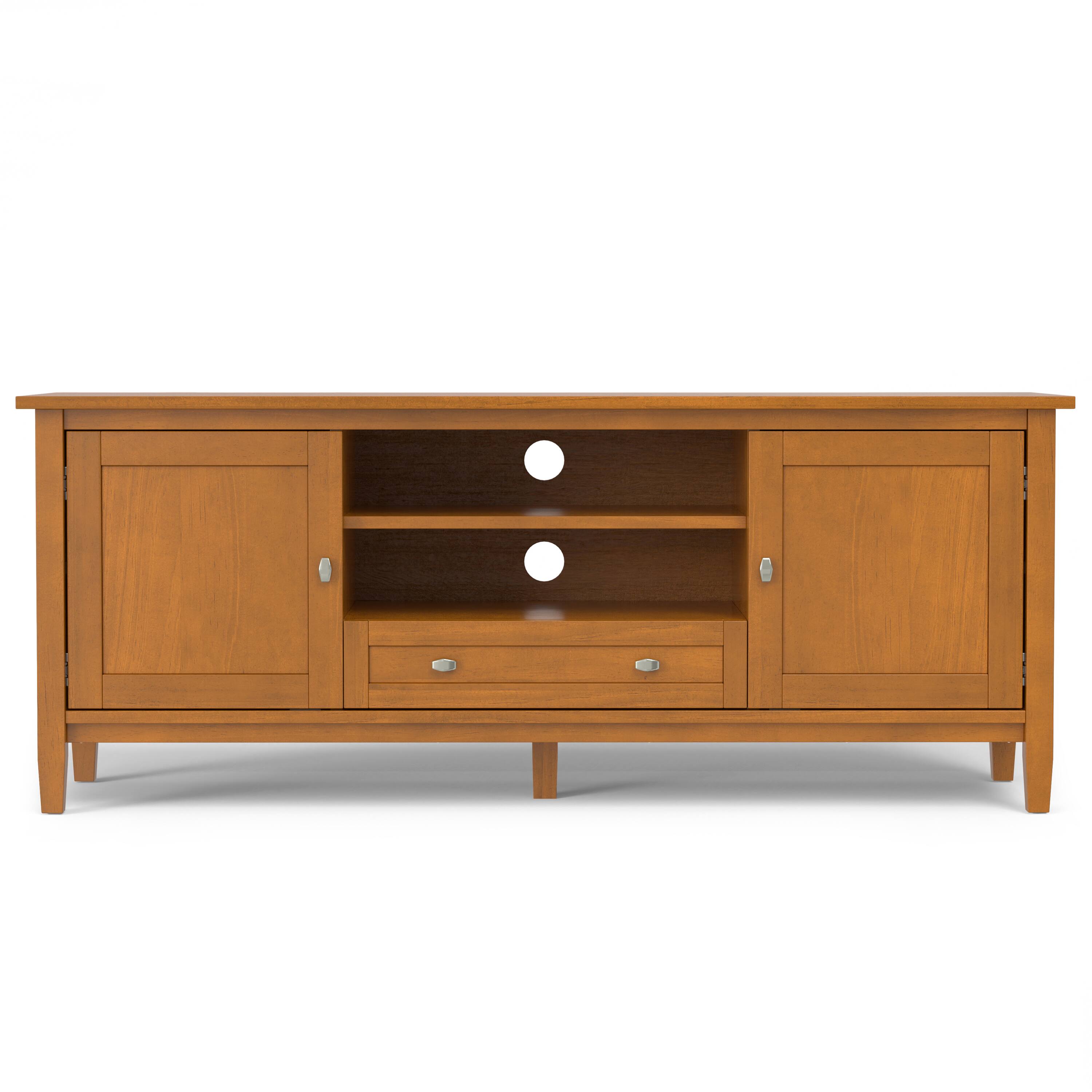 Left. Simpli Home - Warm Shaker SOLID WOOD 60 inch Wide Transitional  TV Media Stand - Light Golden Brown.