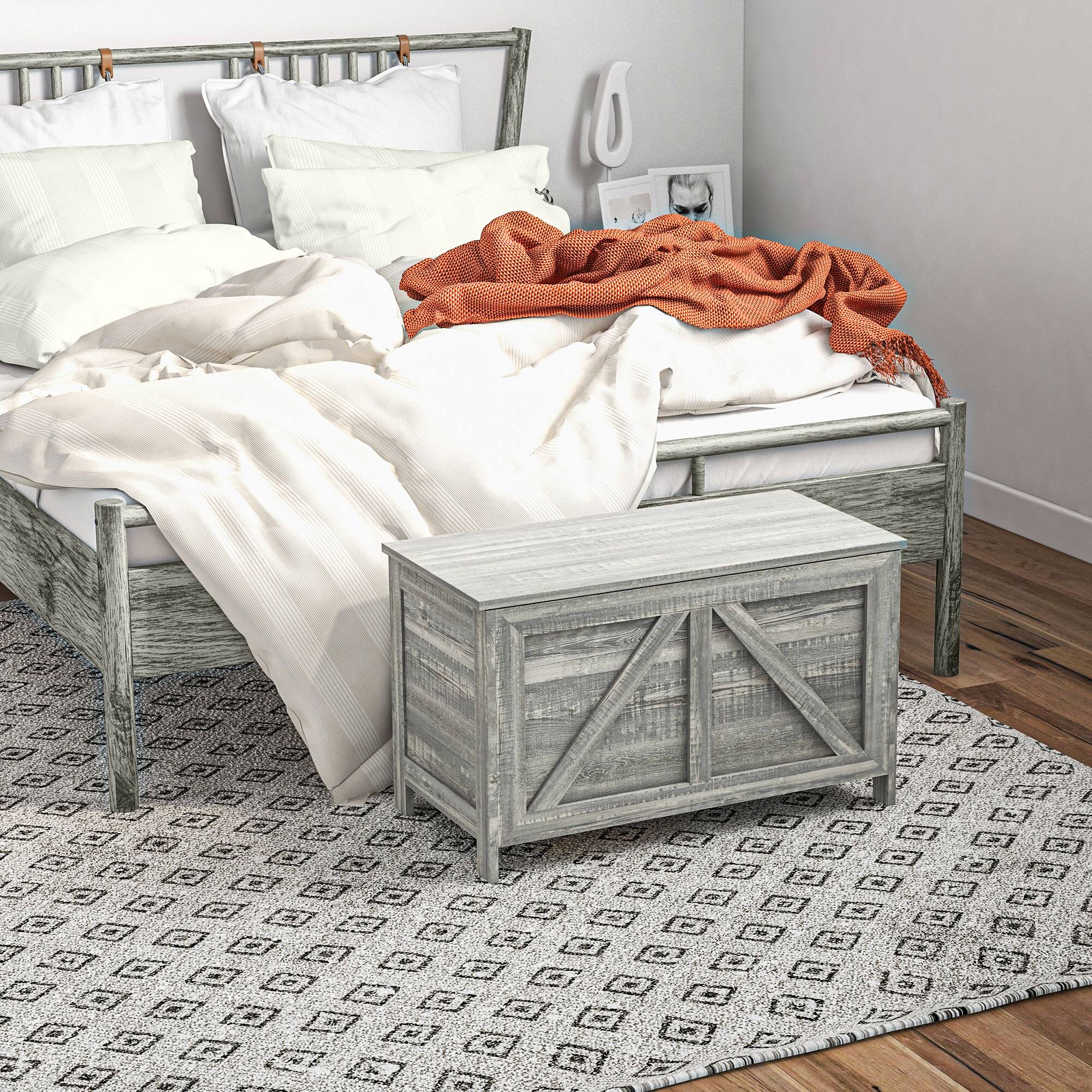 Alt View 8. Homcom - 30" Farmhouse Storage Bench, Lift Top Chest, Safety Hinge, Wooden Trunk, Wood Grain - Gray.