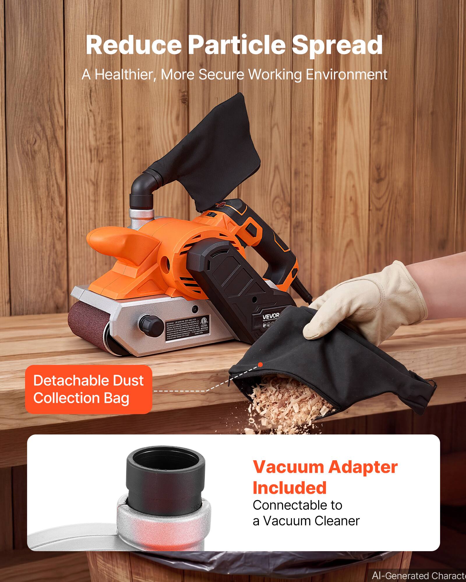 Reduce Particle Spread  
A Healthier, More Secure Working Environment  

VEVOR 9  
Detachable Dust Collection Bag  
Vacuum Adapter Included  
Connectable to a Vacuum Cleaner  

AI-Generated Character