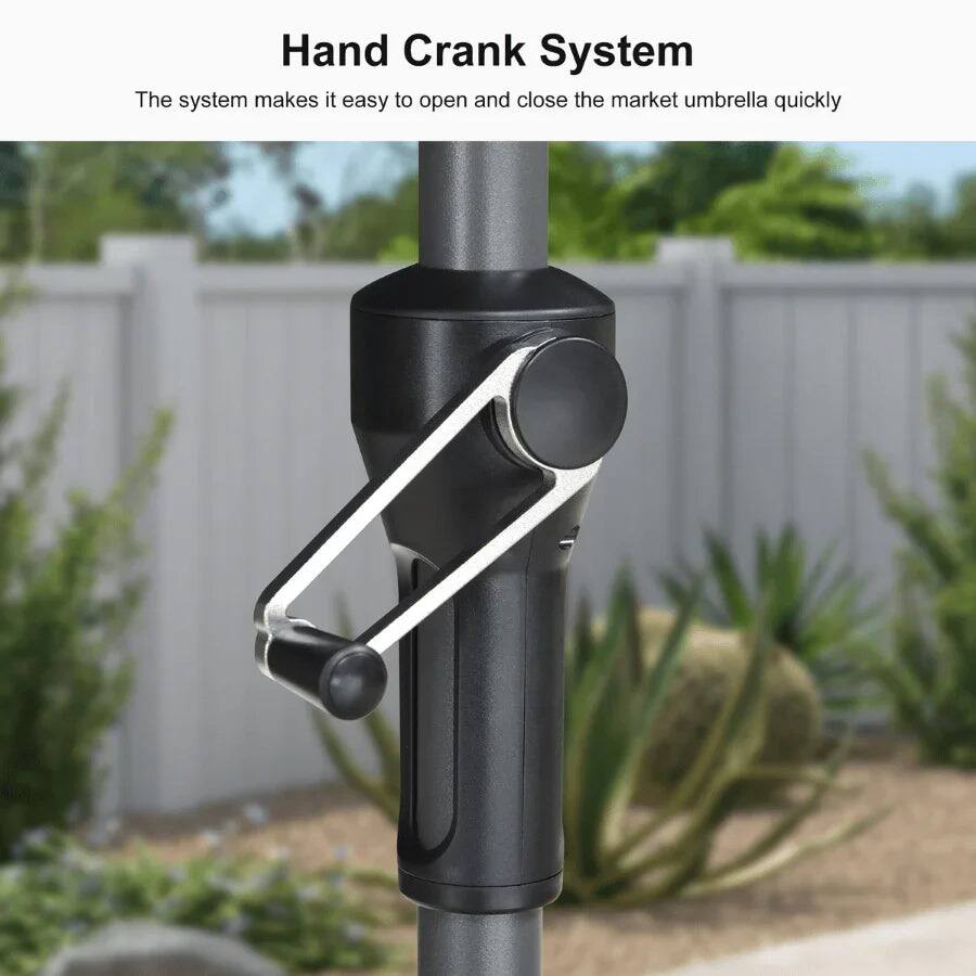 Hand Crank System  
The system makes it easy to open and close the market umbrella quickly
