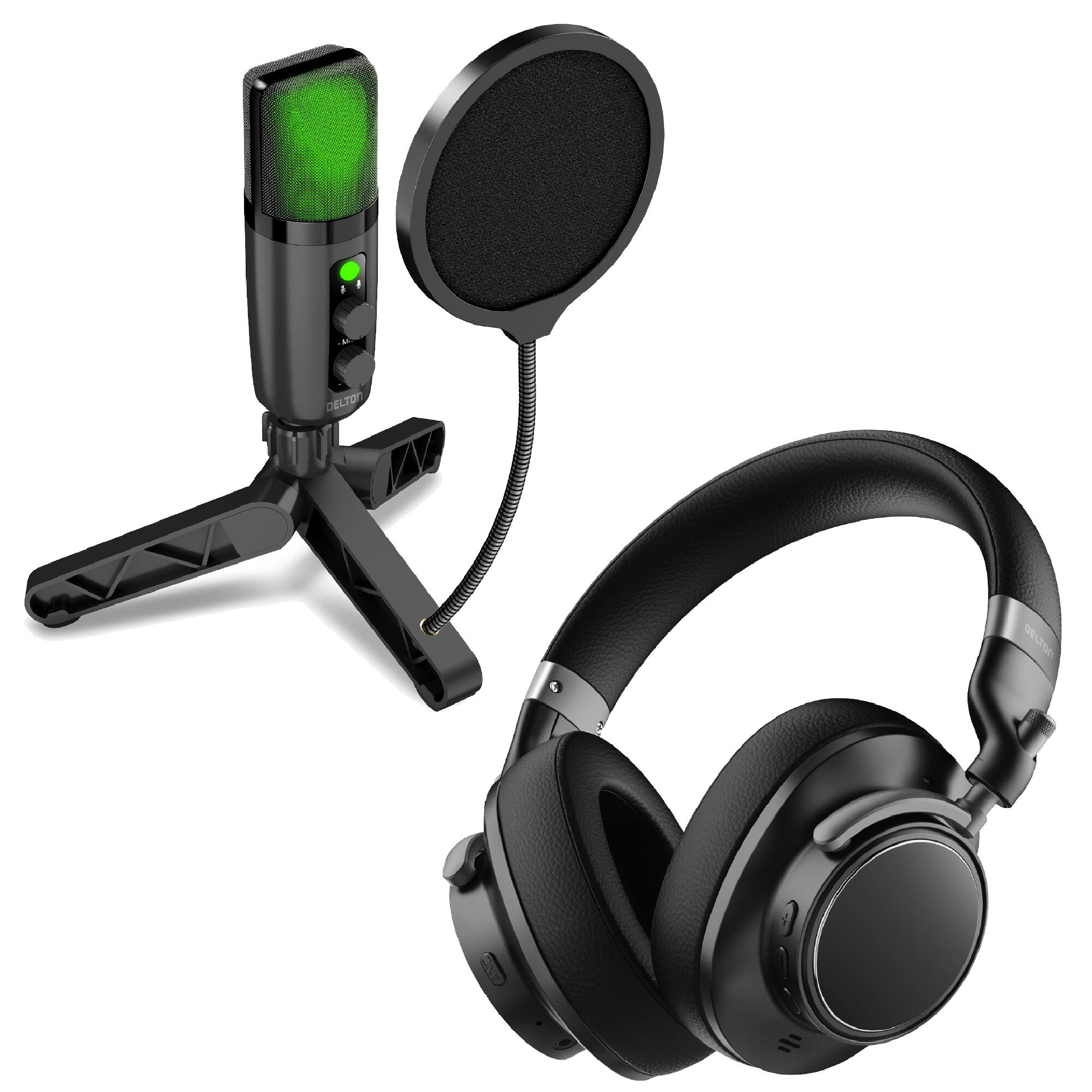Front. Delton - Delton M201 RGB Condenser Microphone with ANC Bluetooth Computer Headphones Podcast Kit, Black.