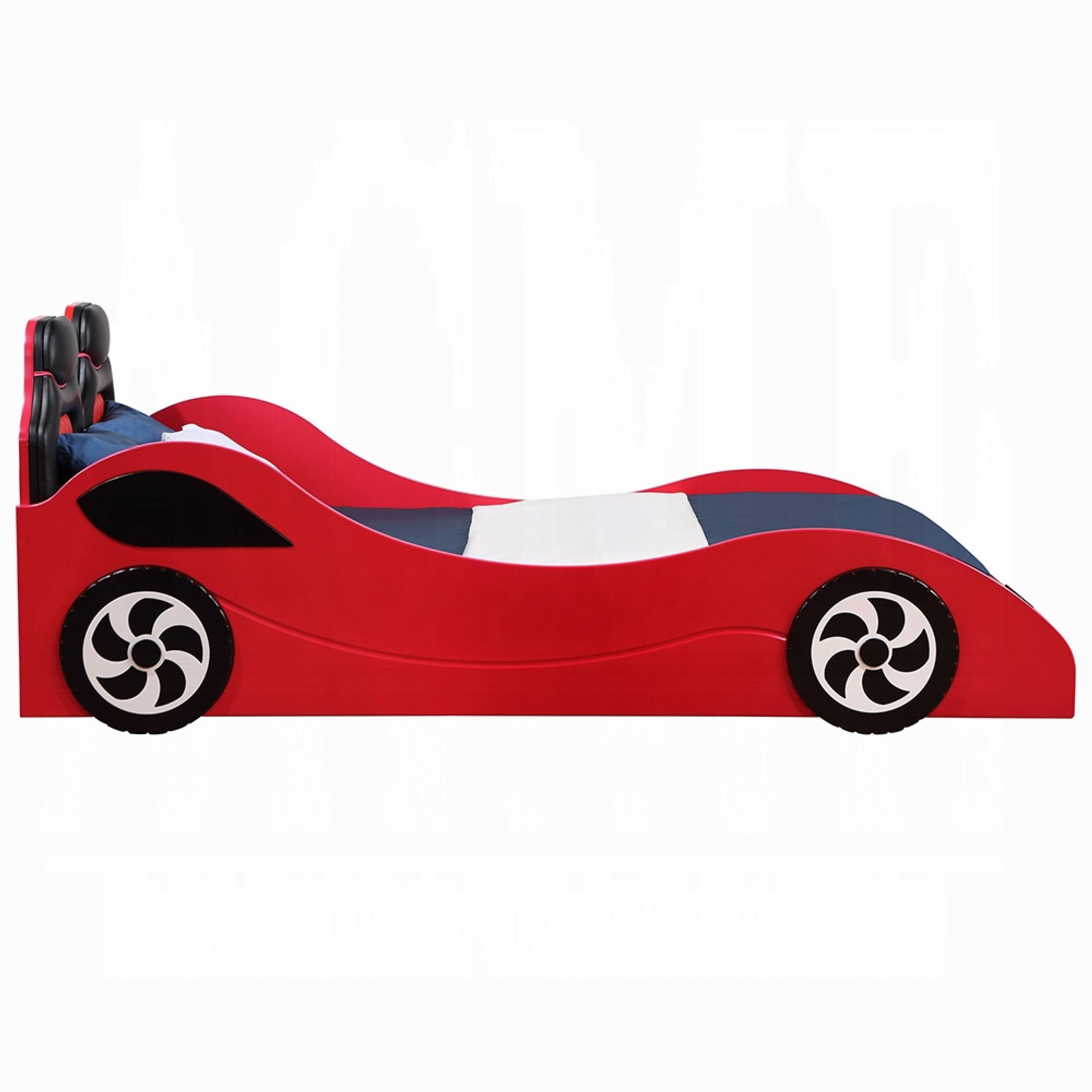Alt View 2. Manhattan Lane - Corey Twin Size Red Car Bed, Wheel Trim, Built-In LED, Red Wood - Red, Black.