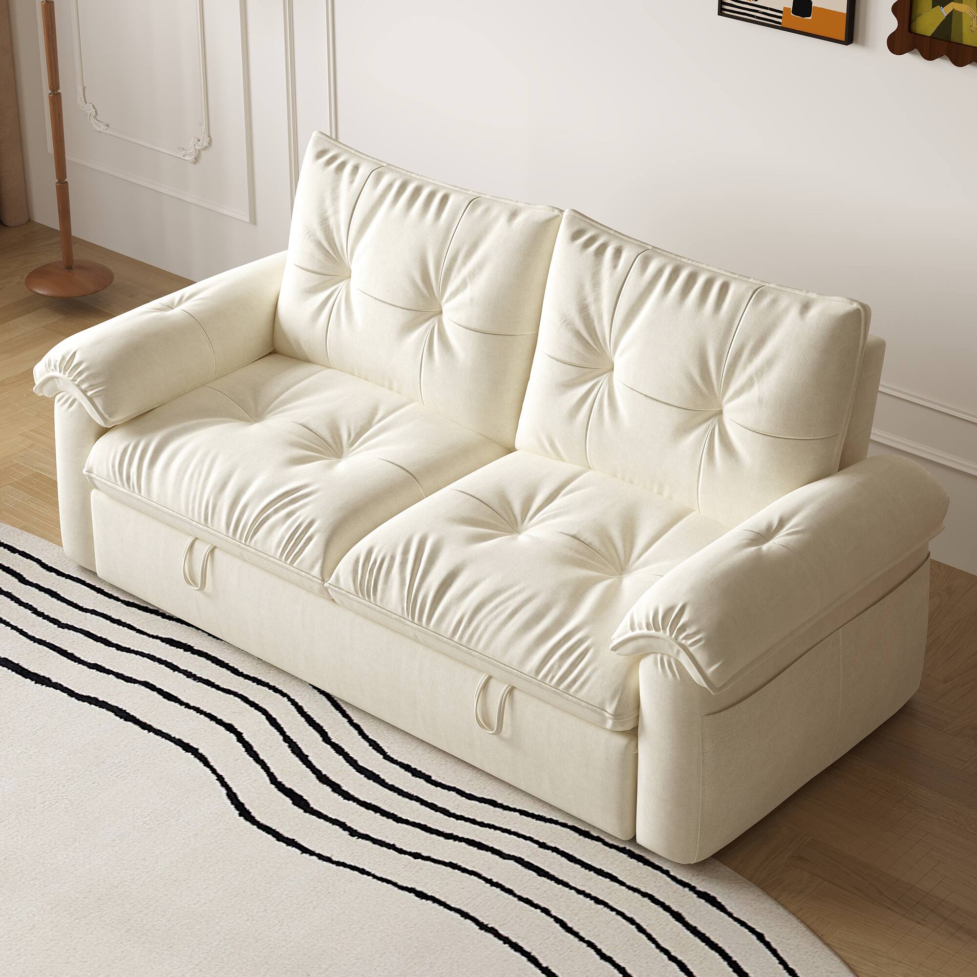 Angle. luck idea - 68.89" Modern Sleeper Sofa Bed, Iron & Wood Framed Couch with High-Density Foam Cushions (Mattress Included) - white.