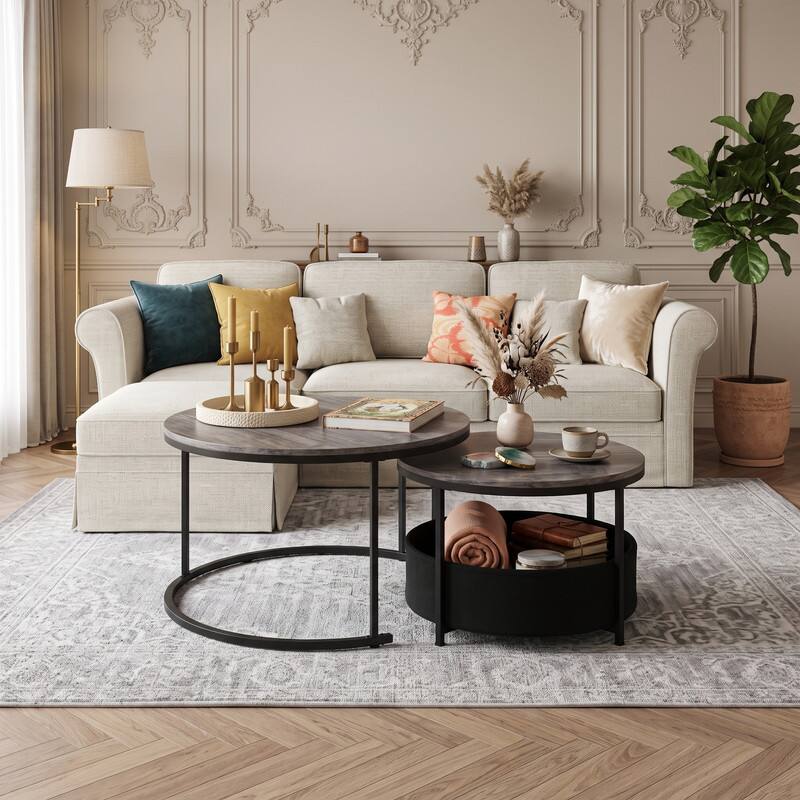 WELLFOR - Round Coffee Table Set of 2 , Circle Cocktail Table with Fabric Storage Basket,Nesting Tables for Living Room - Gray