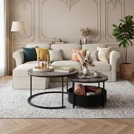 WELLFOR - Round Coffee Table Set of 2 , Circle Cocktail Table with Fabric Storage Basket,Nesting Tables for Living Room - Gray