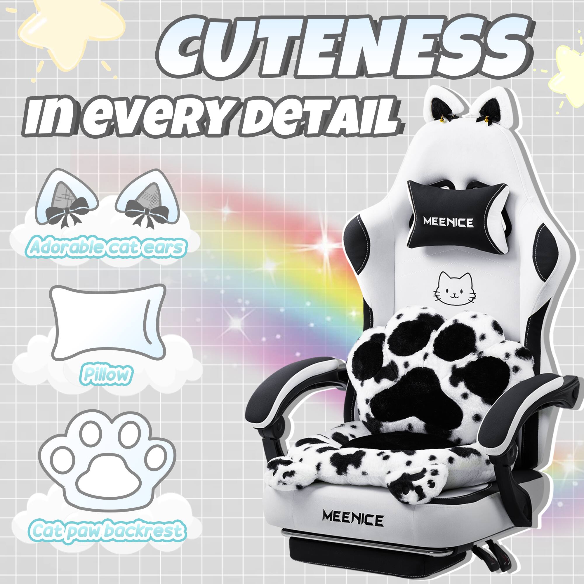 Cuteness in every detail  
Adorable cat ears  
Pillow  
Cat paw backrest  
MEENICE