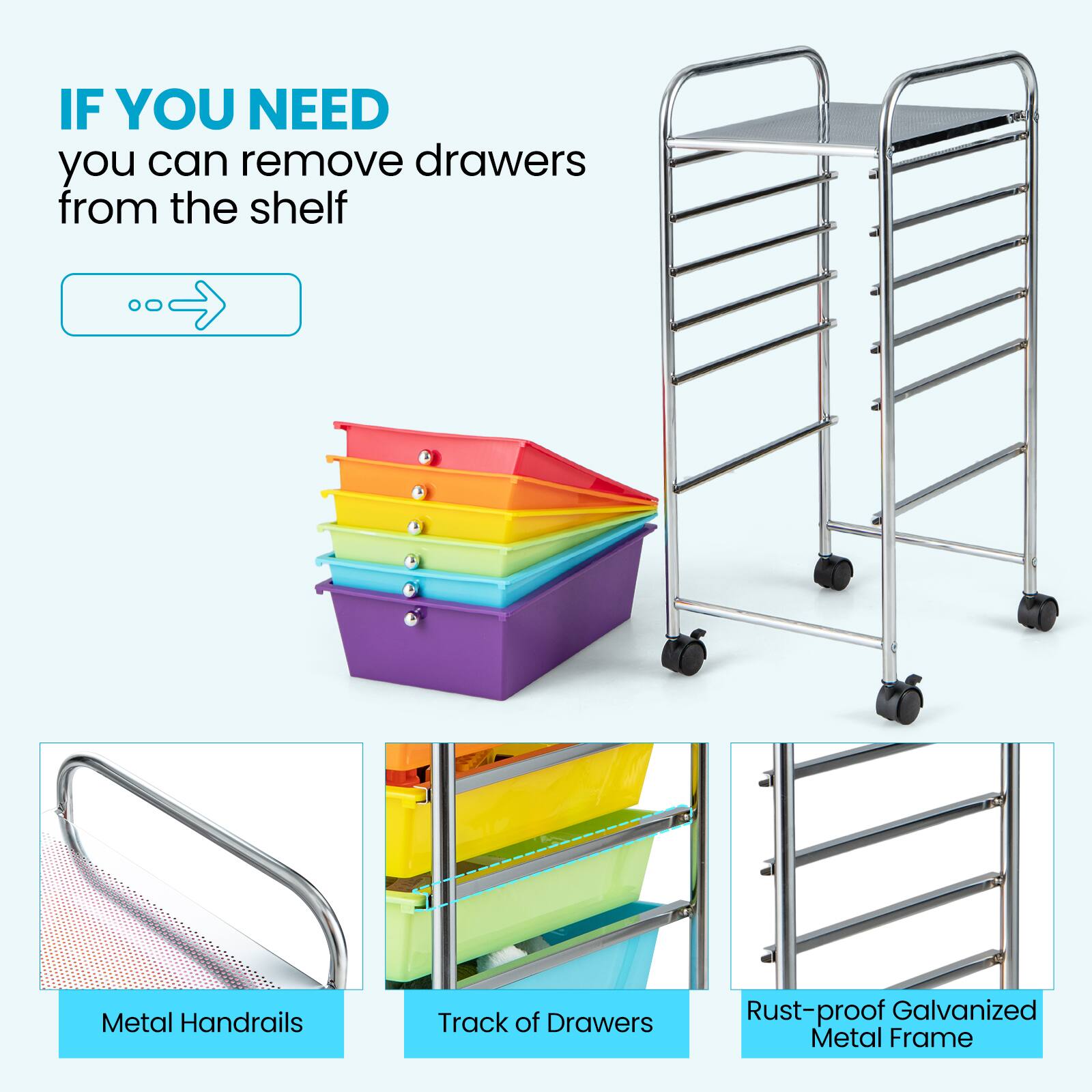 IF YOU NEED  
you can remove drawers from the shelf

- Metal Handrails
- Track of Drawers
- Rust-proof Galvanized Metal Frame
