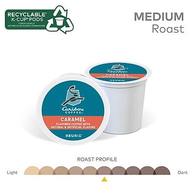 RECYCLABLE K-CUP PODS  
NOT RECYCLED IN ALL COMMUNITIES  

MEDIUM Roast  

Caribou Coffee  
CARAMEL  
FLAVORED COFFEE WITH NATURAL & ARTIFICIAL FLAVORS  
KEURIG  

ROAST PROFILE  
Light  
Dark