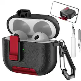 Dteck - Earphone Case for Apple AirPods 3rd Gen (2021) with Phone Holder & Keychain,Leather Texture Earbuds Cover for Man Women - Redblack