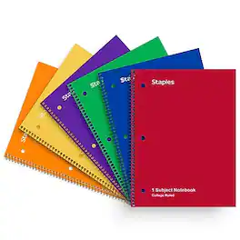 Staples - 1-Subject Notebooks, 8" x 10.5", College Ruled, 70 Sheets Colors, 6/Pack - Assorted