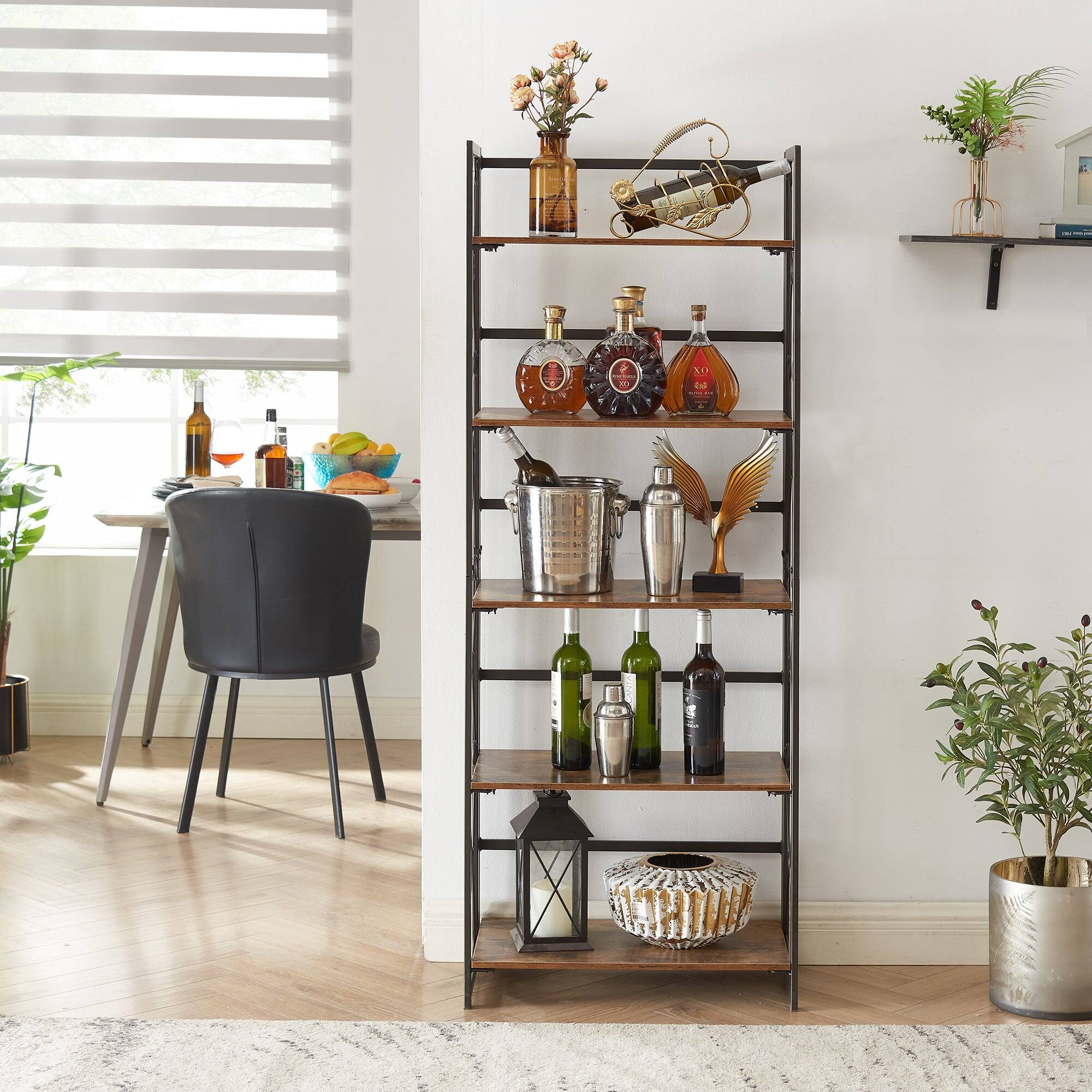 Alt View 1. Vecelo - 5-Tier No Assembly Folding Bookshelf - Sturdy Metal Frame, Display Stand Shelves, Space-Saving Storage for Home & Office - Antique Brown.