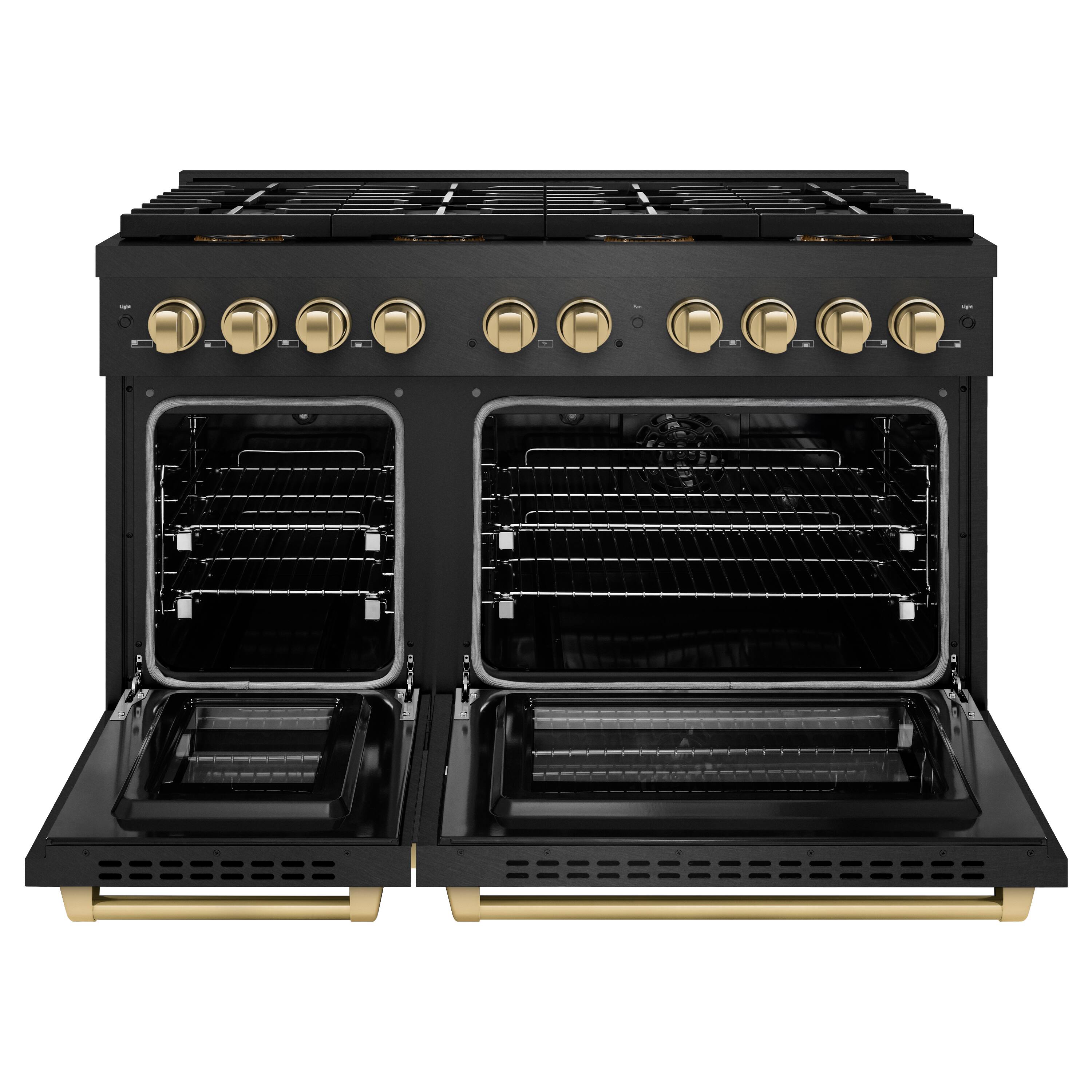 Angle. ZLINE - 48 in. Wide 8 Burner ZLINE Autograph 6.7 cu. ft. Freestanding Paramount DuoPro Dual Fuel Range with and Bronze Accents - Black Satin Stainless Steel.
