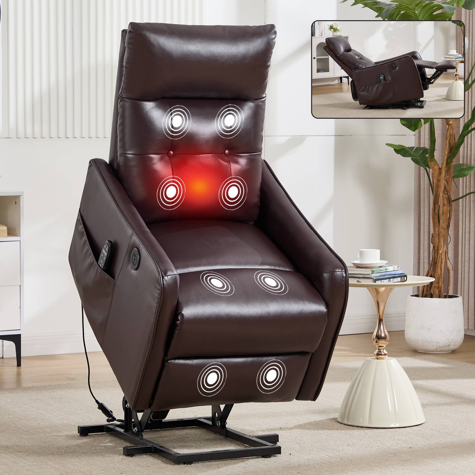 Angle. LUCKY ONE - Faux Leather Single Motor Power Lift Recliner Chair with Massage, Heat & USB Charging - Brown.