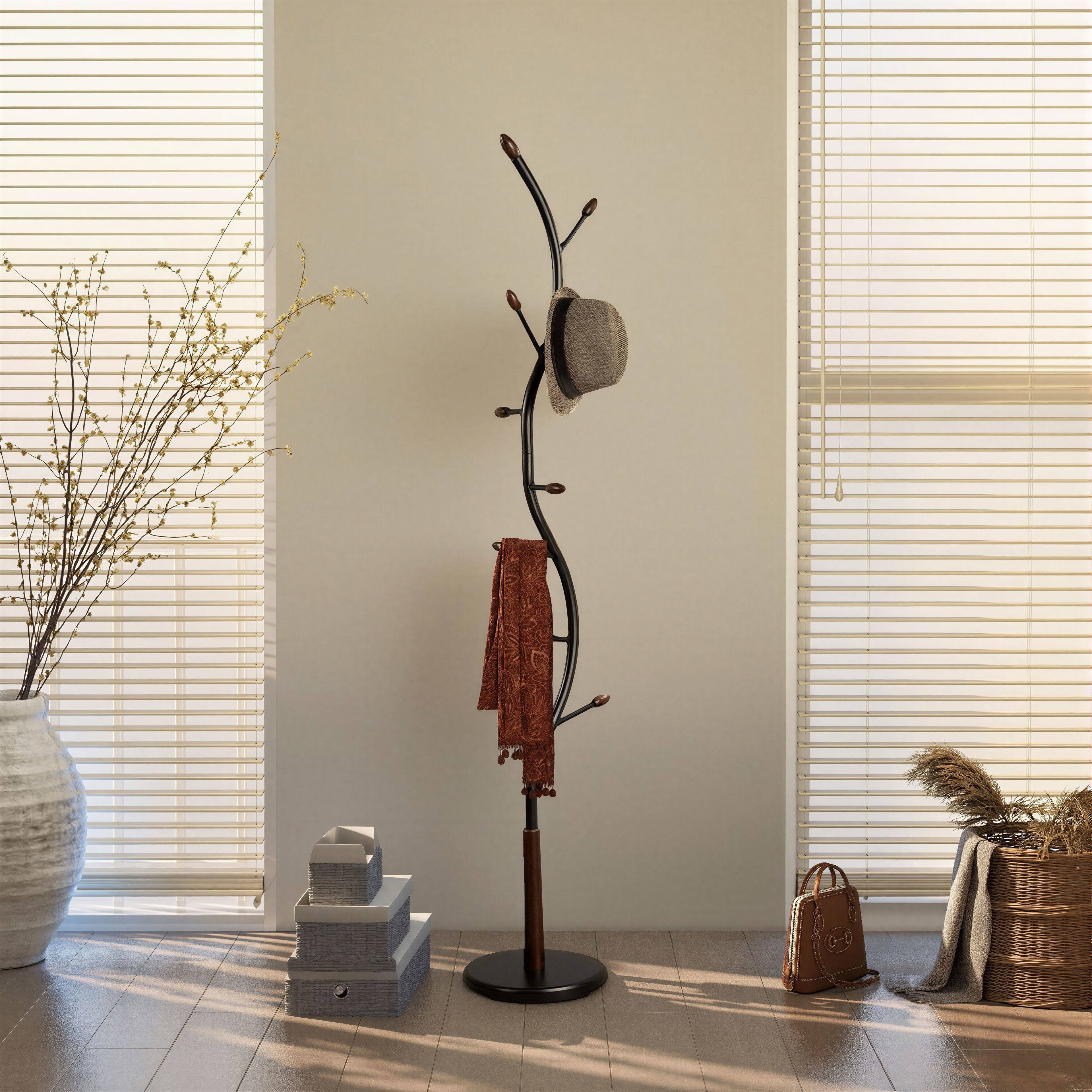 Left. Z-Edge - Coat Rack, Metal Coat Tree Freestanding with 8 Hooks, Creative Design Tree Branch-look, Standing Coat Rack for Bedroom - Black.