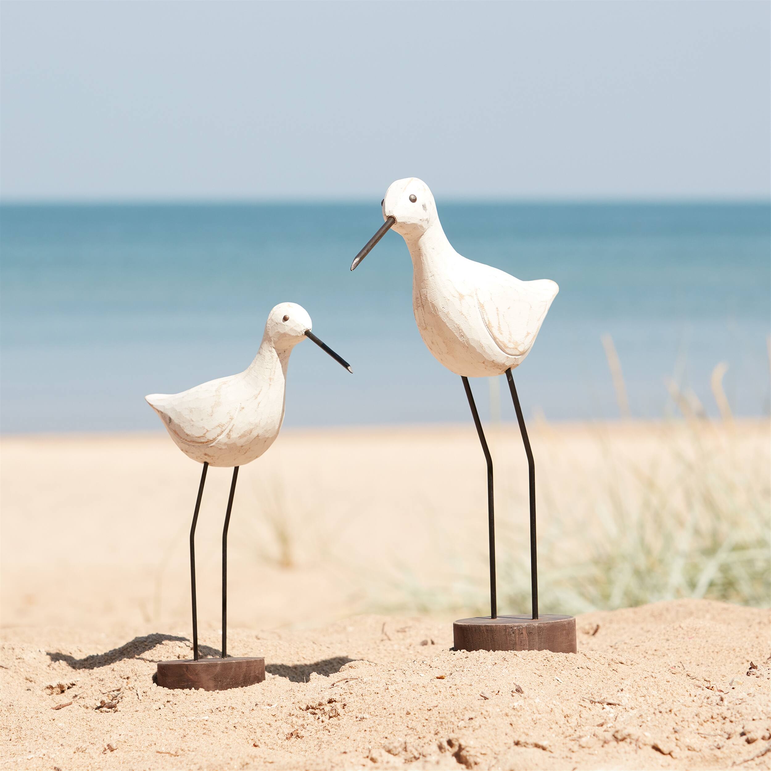 Angle. BreeBe - Carved Wood Sea Bird with Metal Stand (Set of 2) - White, Brown.