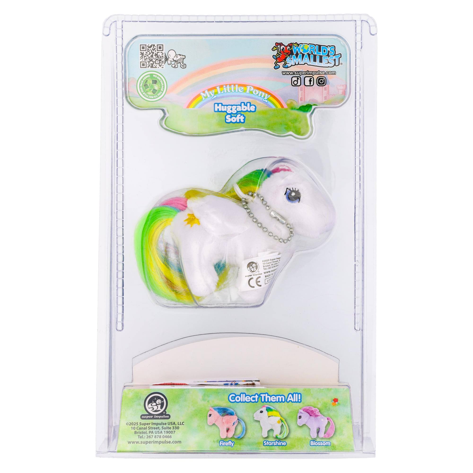) I WORLD'S SMALLEST www.uparimpsta.com d f My Little Pony My Huggable Soft - - - CE Collect Them All! Sger ipn 2021 Super impulse USA LC Canal Street Suite 300 Bristol PA 19007 Tal 262 878 ddda www.superimpulse.com Firefly Starshine Blossom