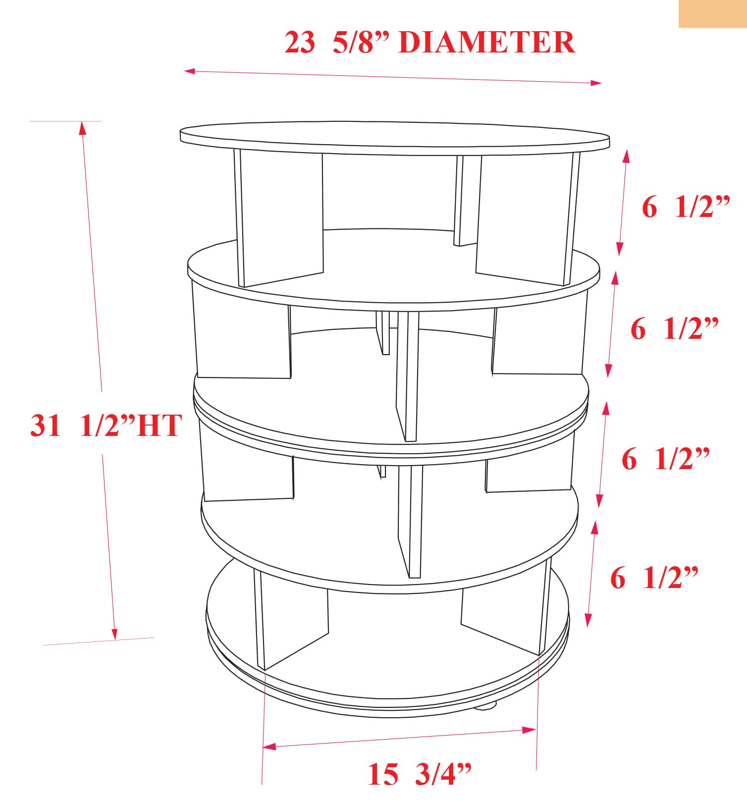 23 5/8" DIAMETER
31 1/2" HT
15 3/4"
6 1/2"
6 1/2"
6 1/2"
6 1/2"