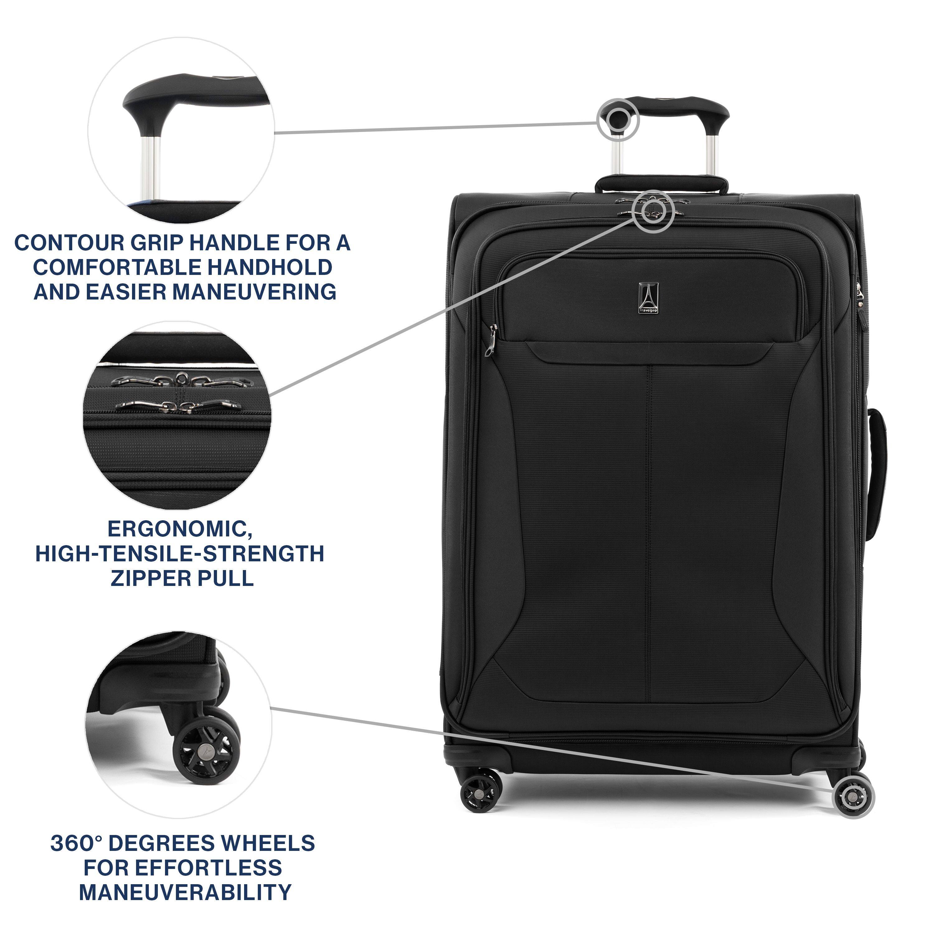 CONTOUR GRIP HANDLE FOR A COMFORTABLE HANDHOLD AND EASIER MANEUVERING

ERGONOMIC, HIGH-TENSILE-STRENGTH ZIPPER PULL

360° DEGREES WHEELS FOR EFFORTLESS MANEUVERABILITY