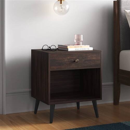 Angle. Hivvago - Mid-Century Modern 1-Drawer Nightstand End Table in Dark Brown Wood Finish - Dark Brown.