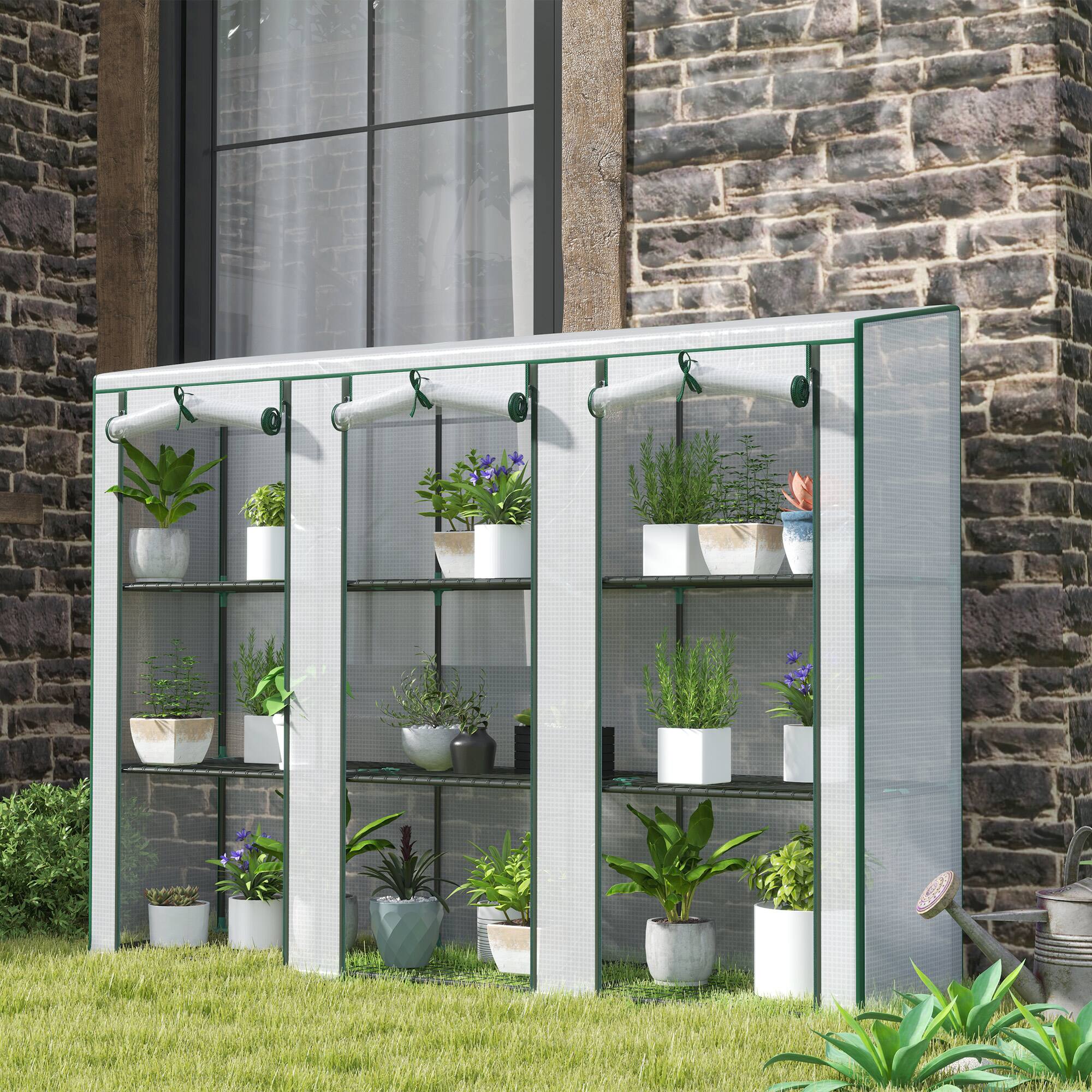 Alt View 1. Outsunny - x 18.1" x 56.7" Lean-to Mini Greenhouse, 3-Tier Shelves, 3 Roll-Up Doors - White.