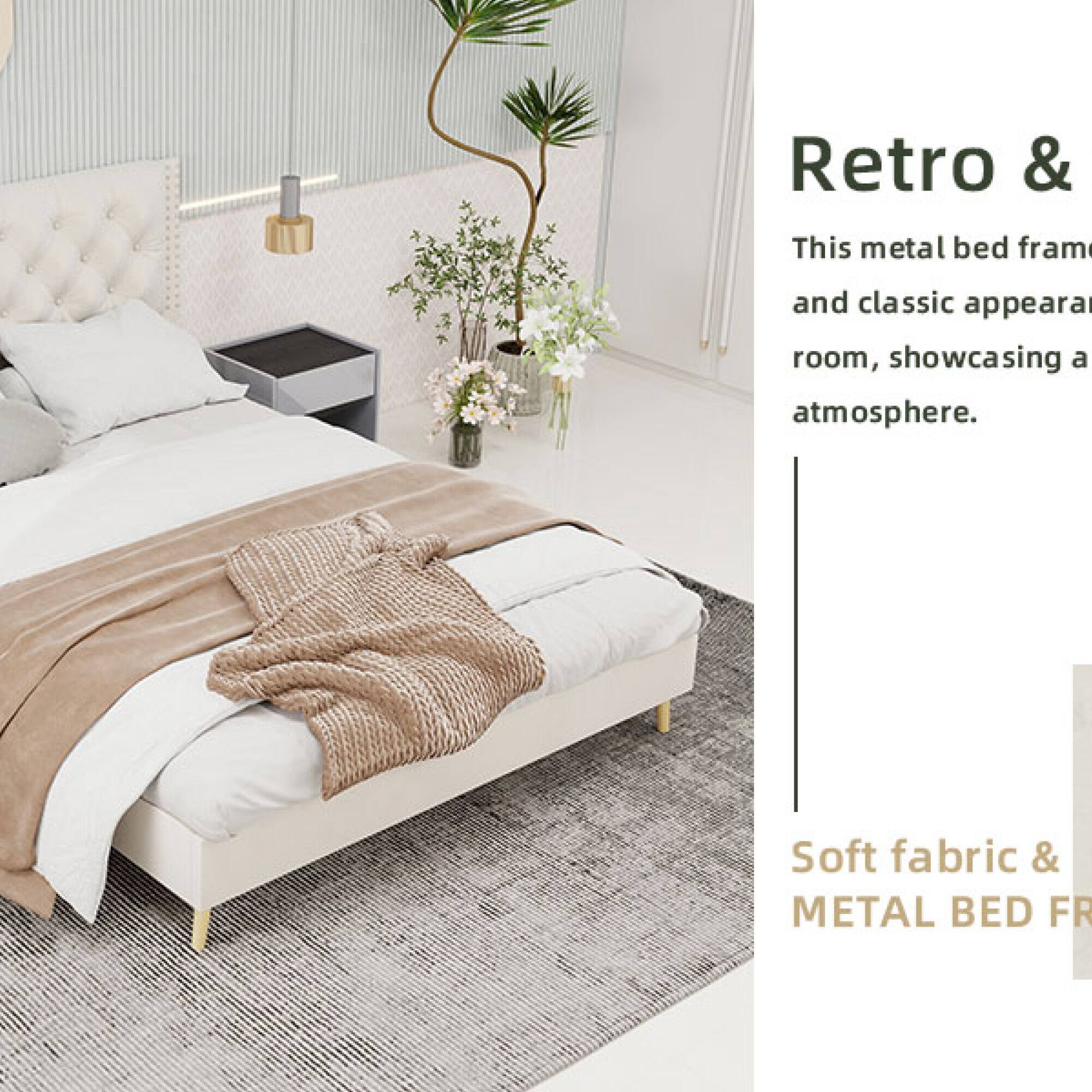 Retro & This metal bed frame and classic appearance room, showcasing a soft fabric & METAL BED FR atmosphere.