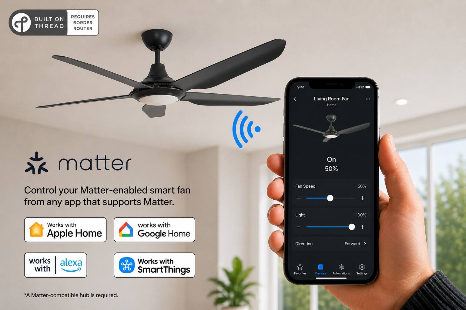 REQUIRES BUILT ON BORDER THREAD ROUTER

9:41

Living Room Fan Home

matter

Control your Matter-enabled smart fan from any app that supports Matter. Works with Apple Home Google Home

Fan Speed Light Direction

50% + 100% + Forward

works alexa with

Works with SmartThings

Favorites

12 Devices Automations Settings

*A Matter-compatible hub is required.