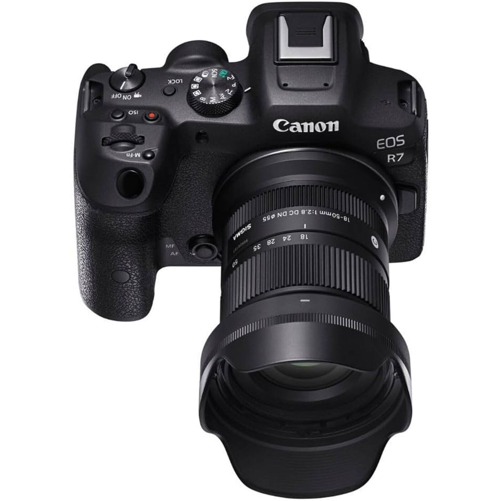 OFF NO XX0 SON Fv 3 of 6] TV 9 M Av OSI M-Fn Canon EOS R7 MF AF DN 1:2.8 mm 990 18-50mm BL I SIGMA 24 18 28 35